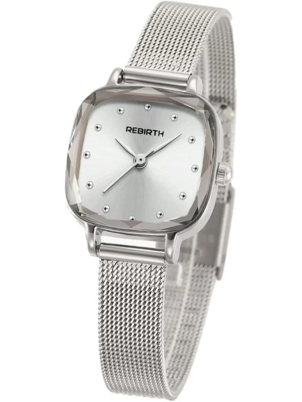 Women's Silver Square Minimalist Dial Mesh Band Crystal Case Wrist Watch